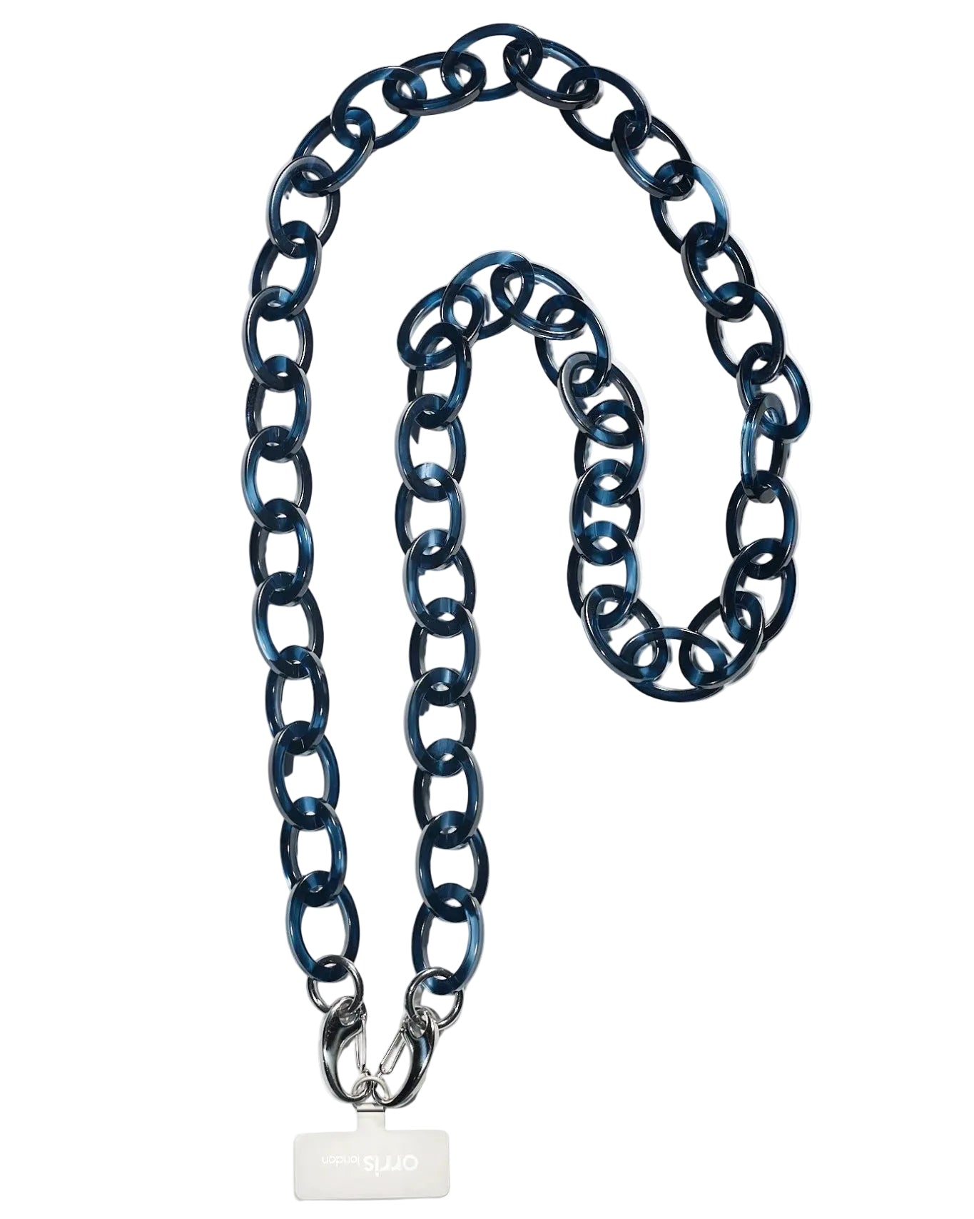 Blue bio acetate phone chain with a tag on a white background
