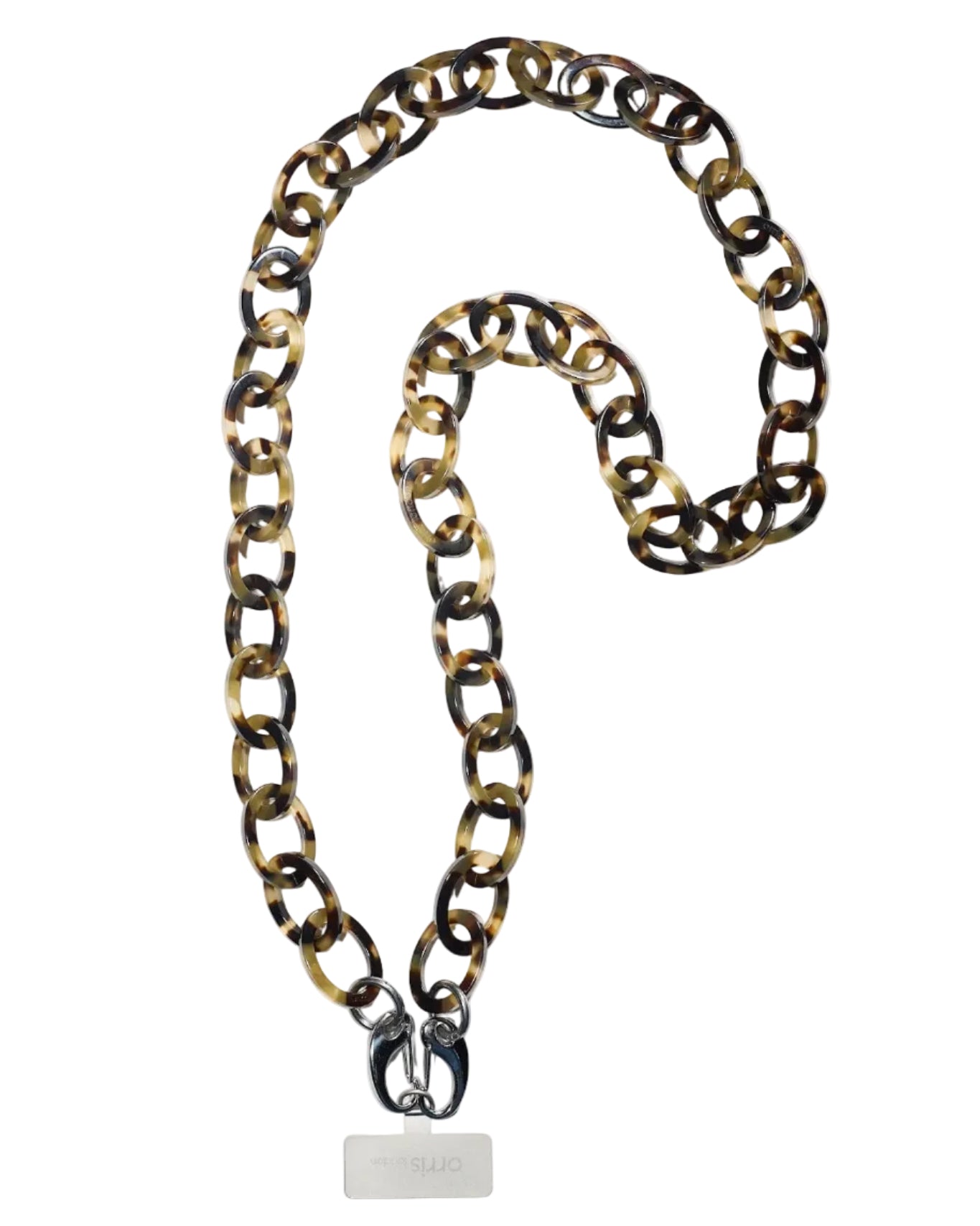 tortoiseshell bio-acetate phone chain with a clasp on a white background